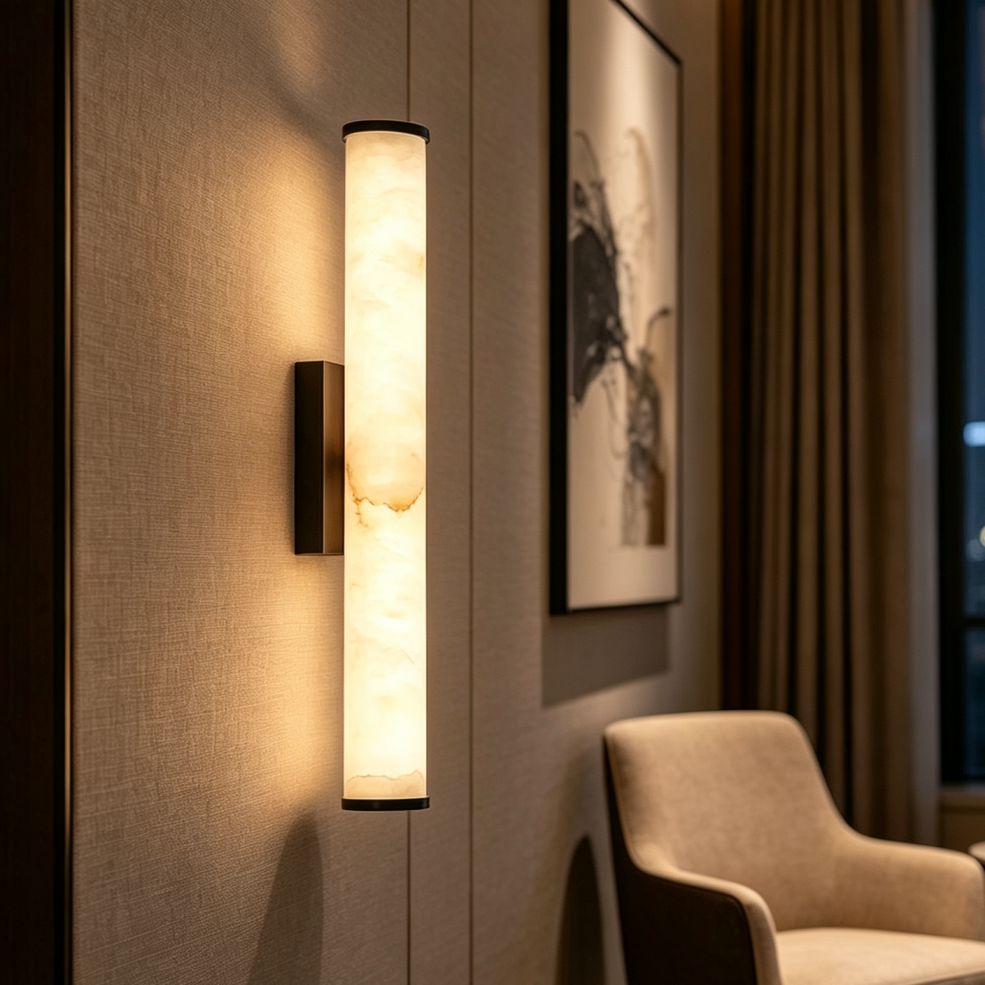 Close-up van een gemarmerde wandlamp met zwarte afwerking op een geweven wandbekleding, naast een kunstwerk en een beige fauteuil. 12