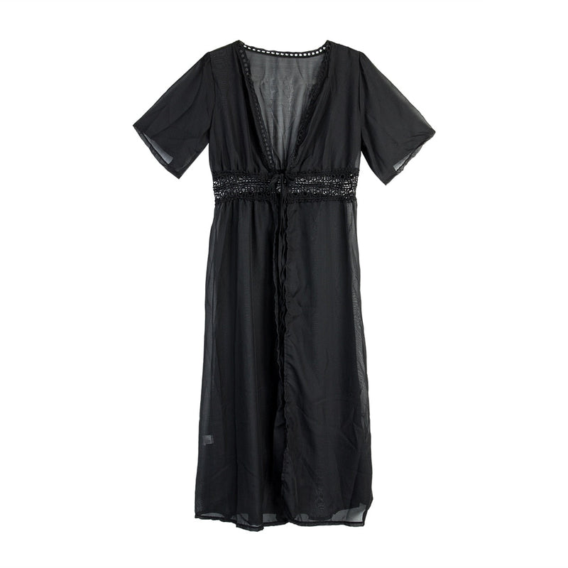 Long Beach Dress with Lace Detail and Tie Closure – Elara