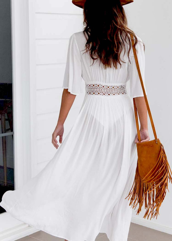 Long Beach Dress with Lace Detail and Tie Closure – Elara