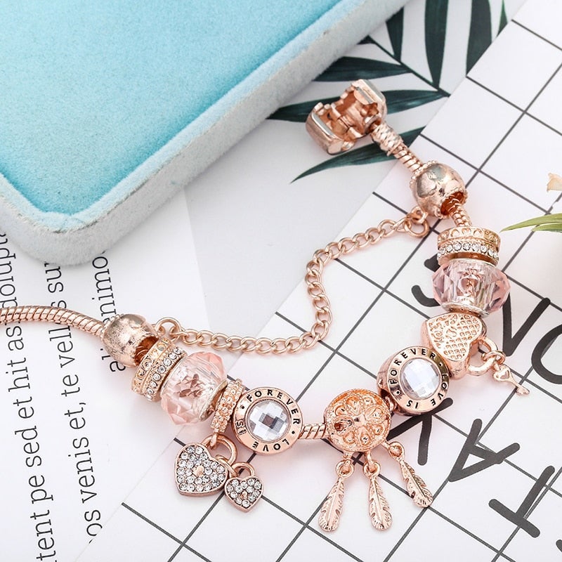 Rose Dreamcatcher Armband met Charms in Sterling Zilver - Rosa