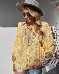 Vintage boho letnia bluzka z kwiatowym nadrukiem i długimi rękawami – Sana