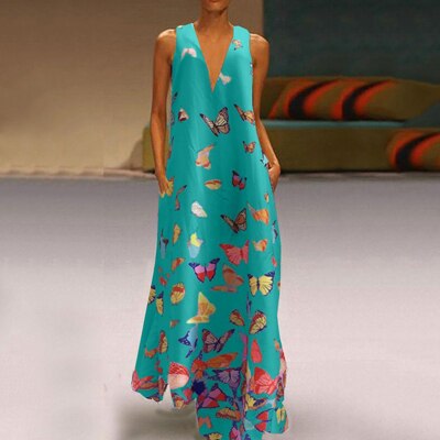Trendy Mouwloos Maxi Zomerjurk met Vlinderpatroon – Malia