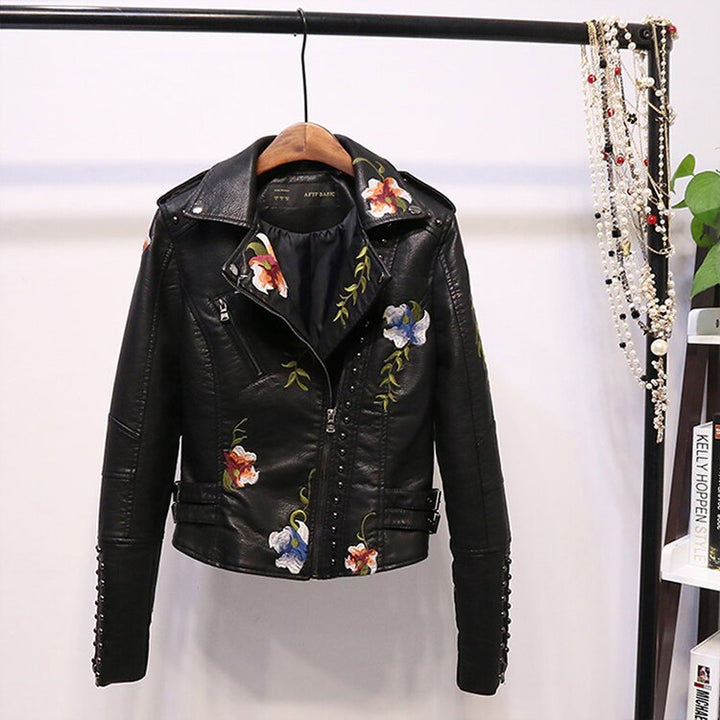 Embroidered Women's Faux Leather Motorcycle Jacket – Eleonora