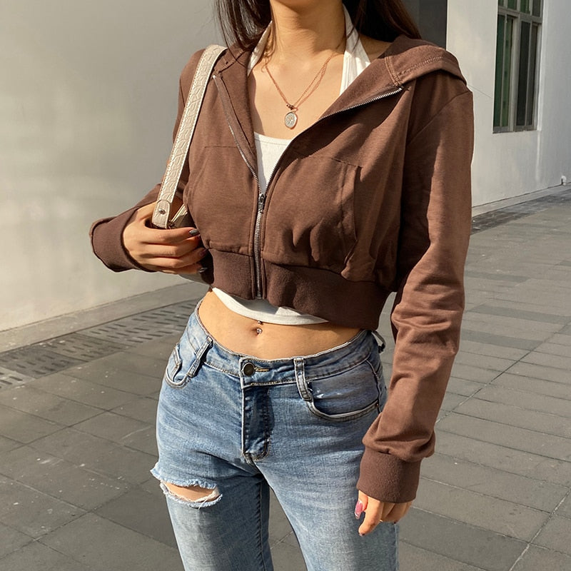 Trendy figuurlijke dames cropped zip-up hoodie met capuchon - Alina