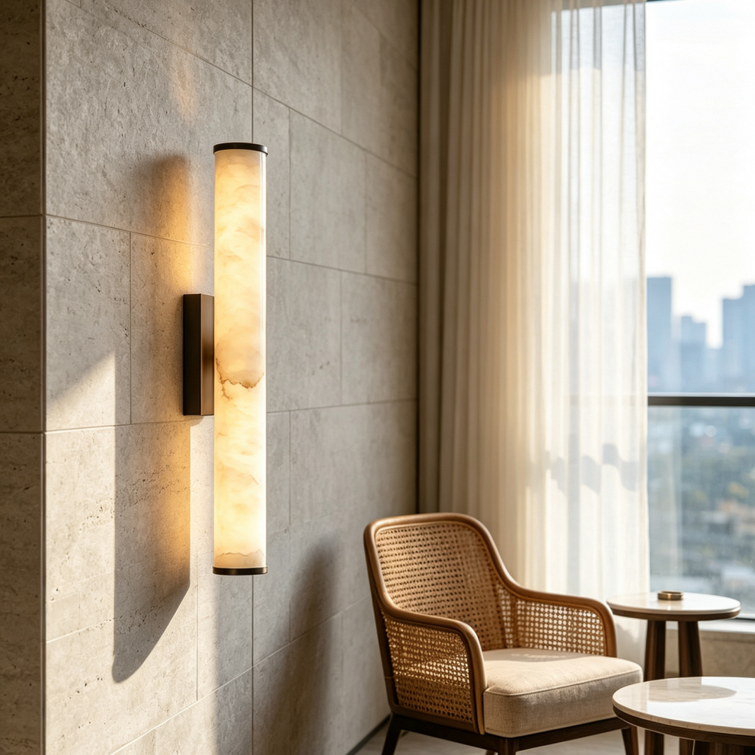 Gemarmerde wandlamp met zwarte afwerking op een natuursteen wand, naast een rieten fauteuil en een raam met gordijn en stadsuitzicht. 8