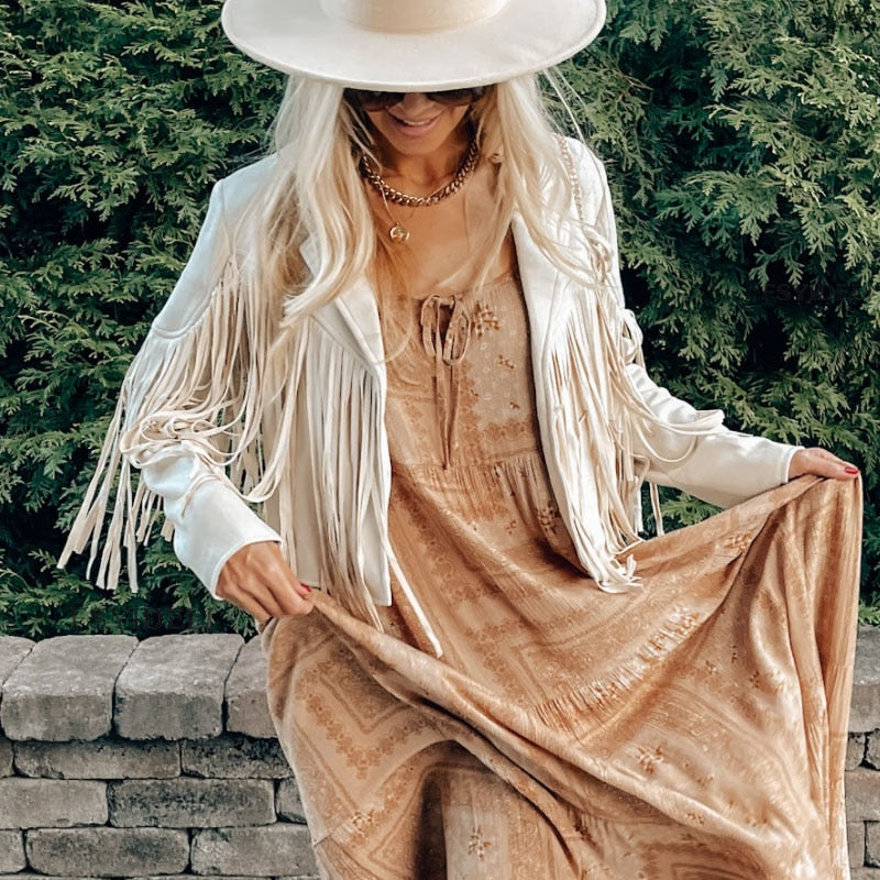 Modny zamszowy damski płaszcz z frędzlami - Isabella