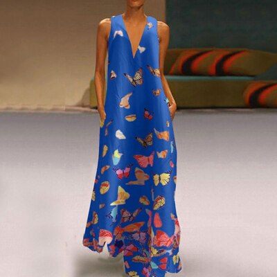 Trendy Mouwloos Maxi Zomerjurk met Vlinderpatroon – Malia