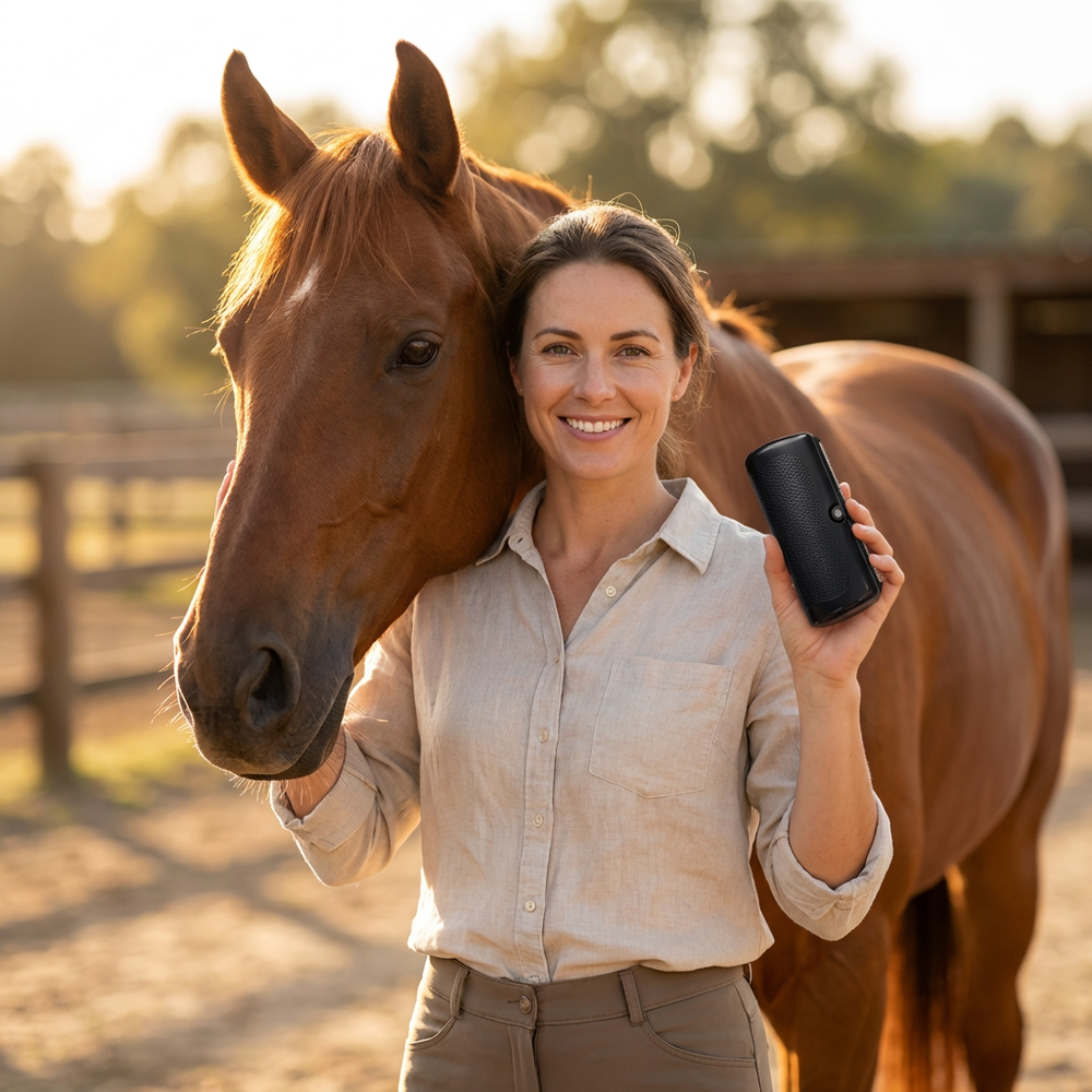 Lachende vrouw in linnen blouse houdt de zwarte borstel omhoog, naast een vosbruin paard in zonnig licht bij een paddock. 2