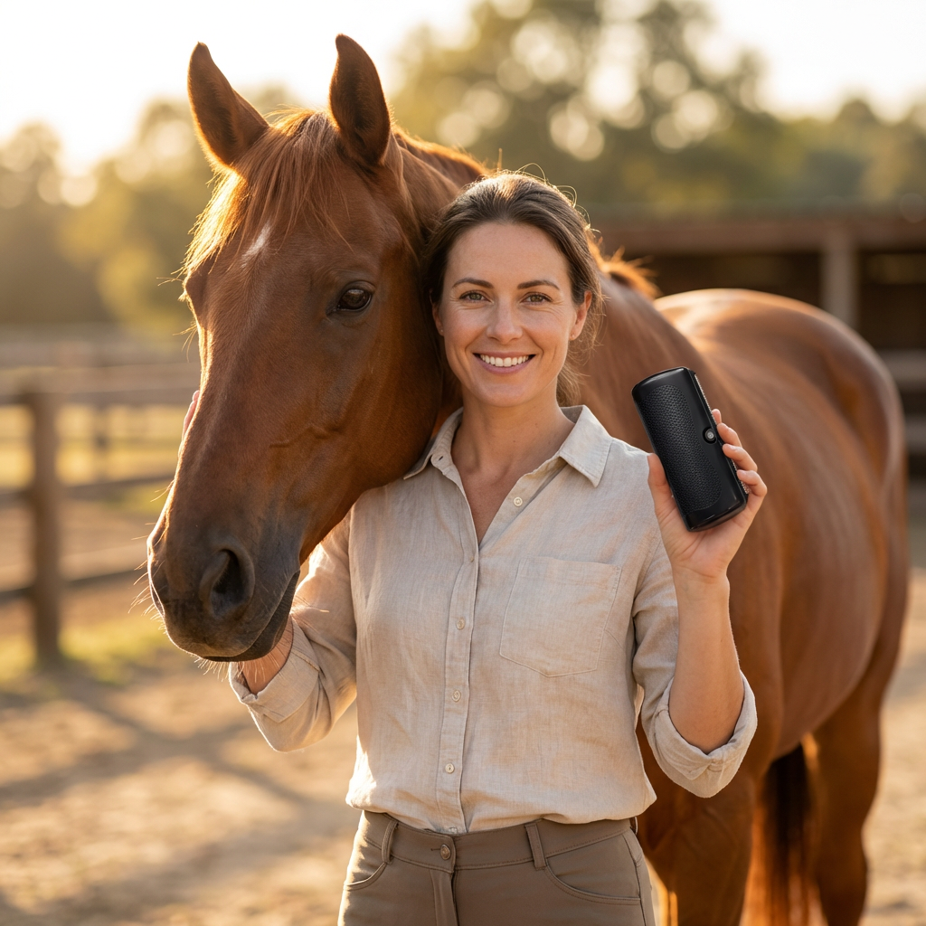 Lachende vrouw in linnen blouse houdt de zwarte borstel omhoog, naast een vosbruin paard in zonnig licht bij een paddock. 2