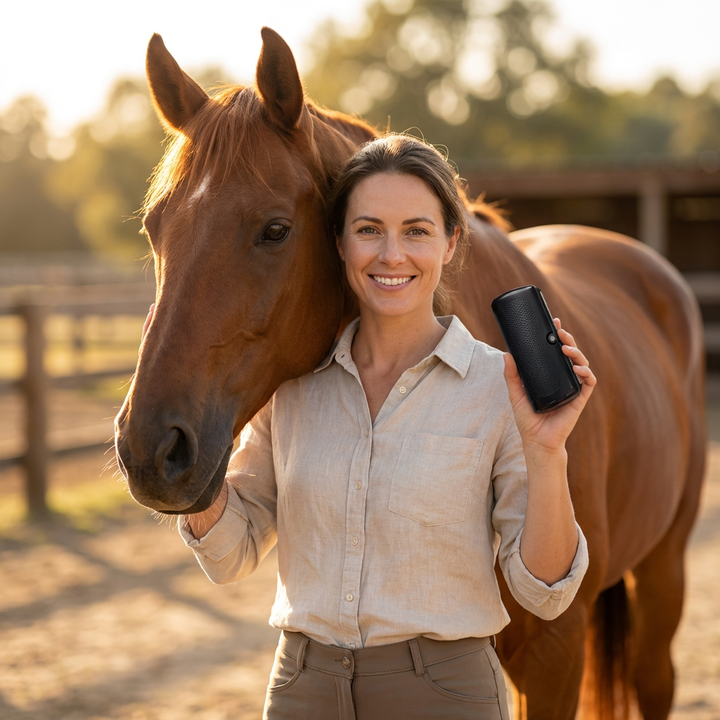 Lachende vrouw in linnen blouse houdt de zwarte borstel omhoog, naast een vosbruin paard in zonnig licht bij een paddock. 2