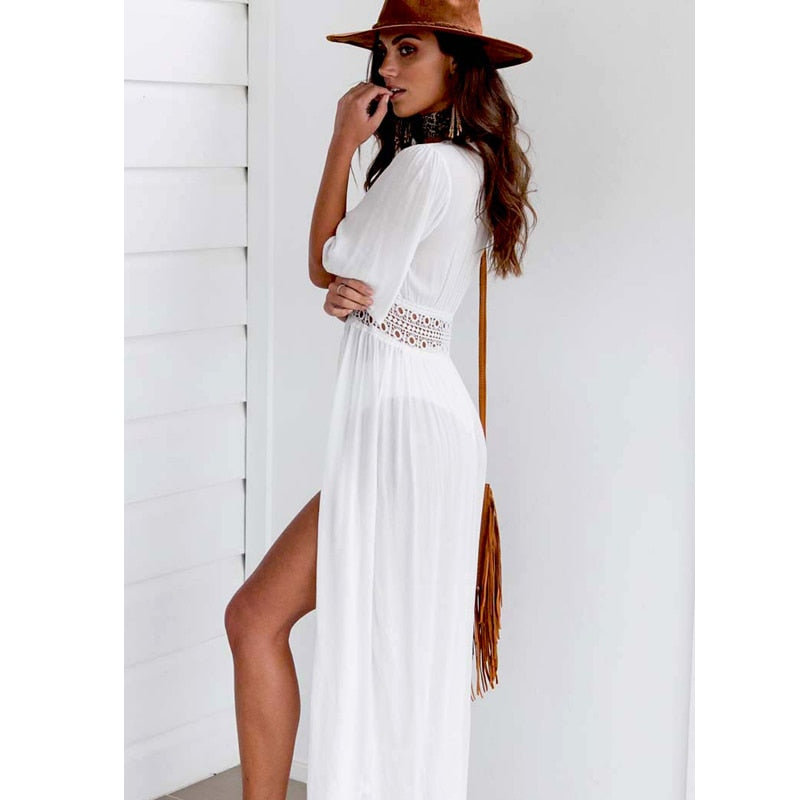 Long Beach Dress with Lace Detail and Tie Closure – Elara