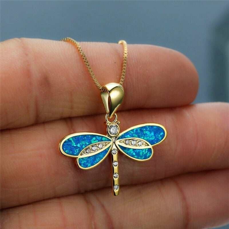 Gold Dragonfly Necklace with Opal - Isolde
