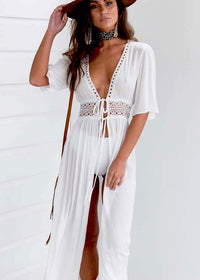 Long Beach Dress with Lace Detail and Tie Closure – Elara