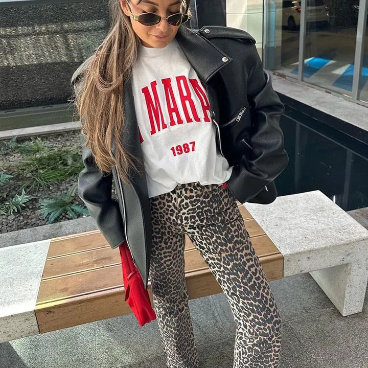 High-Waisted Jeans With Leopard Print - Rochelle