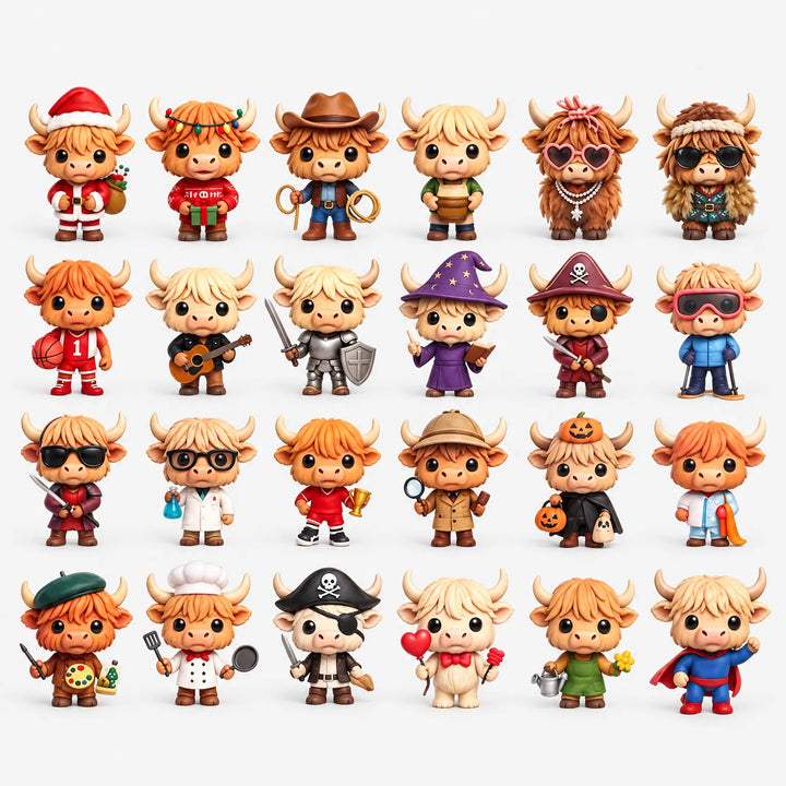 Overzicht van vierentwintig verzamelfiguurtjes van Highlandkoeien in verschillende kostuums, zoals kerstman, cowboy, ridder, tovenaar, piraat, kok en superheld. 2