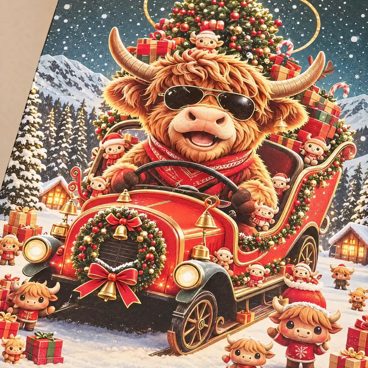 Close-up van de kartonnen verpakking met een lachende Highlandkoe met zonnebril die een versierde rode arrenslee bestuurt tussen cadeaus en kleine koetjes. 3