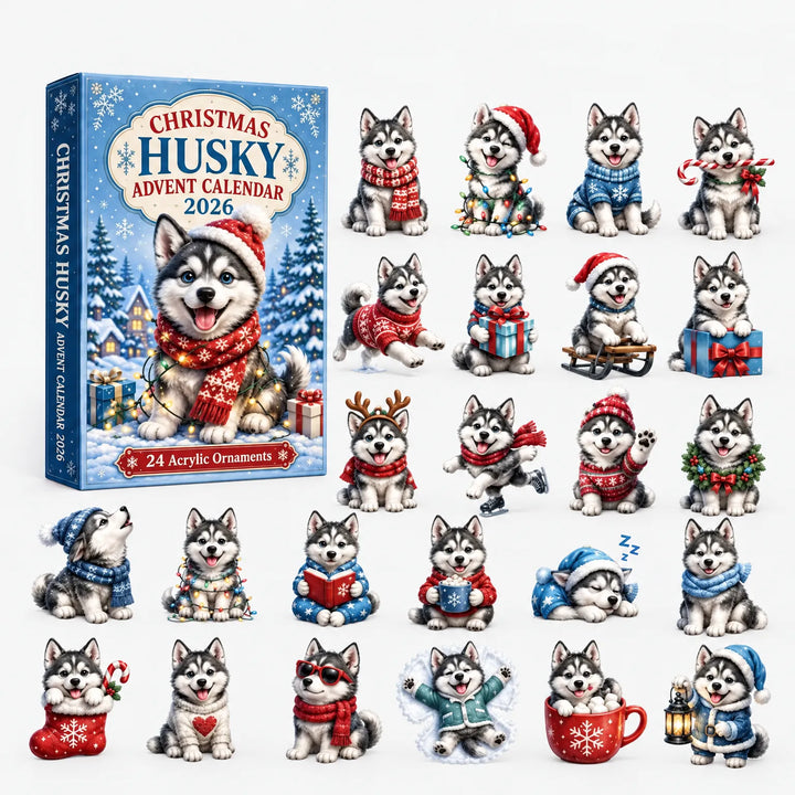 Blauwe doos met een husky-puppy in rode sjaal en 24 huskyhangers in kerstkleding, waaronder een slapende husky, een leesboek en een warme chocolademelk. 6
