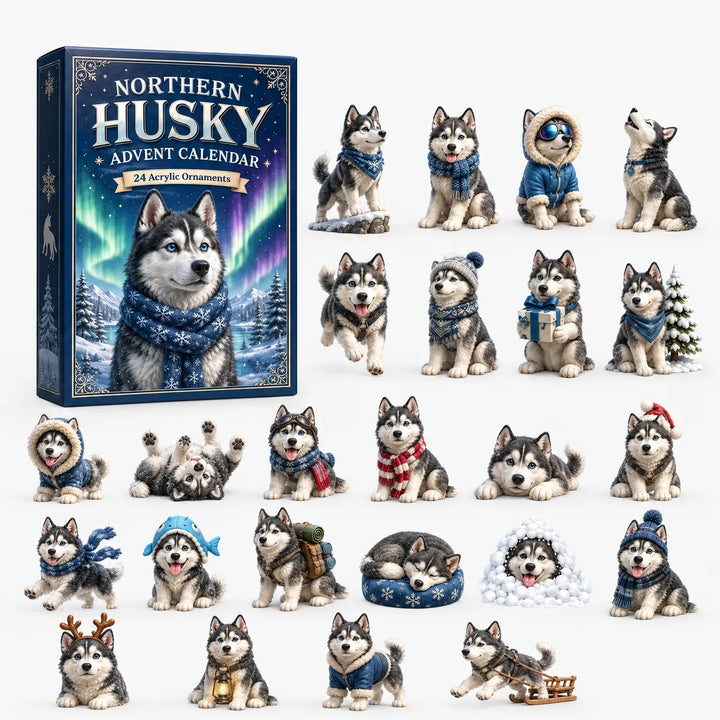 Donkerblauwe doos met noorderlicht en 24 huskyhangers in winteroutfits, zoals pilotenbril, sneeuwhol, slee, rugzak en een visvormige muts. 7