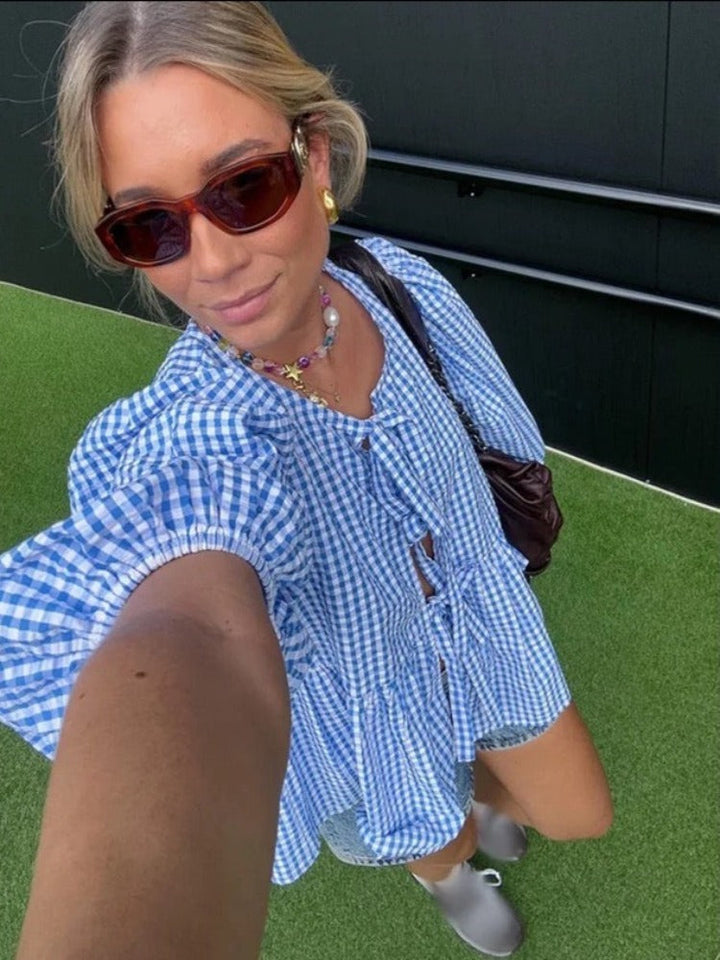 Checked Women's Blouse with Puff Sleeves – Maeve