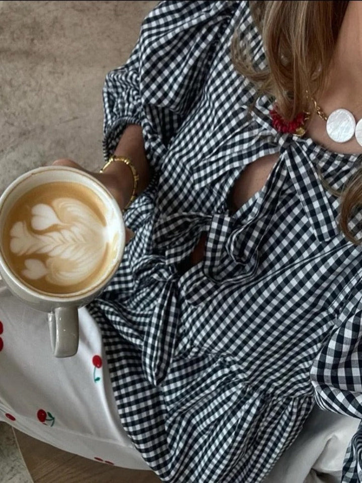 Checked Women's Blouse with Puff Sleeves – Maeve