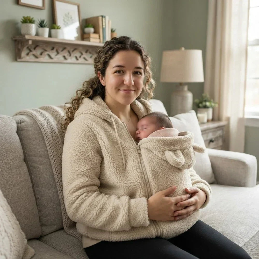 Glimlachende moeder in beige sherpa hoodie zit op de bank met een slapende baby in het draagpaneel met beren-oortjes. 7