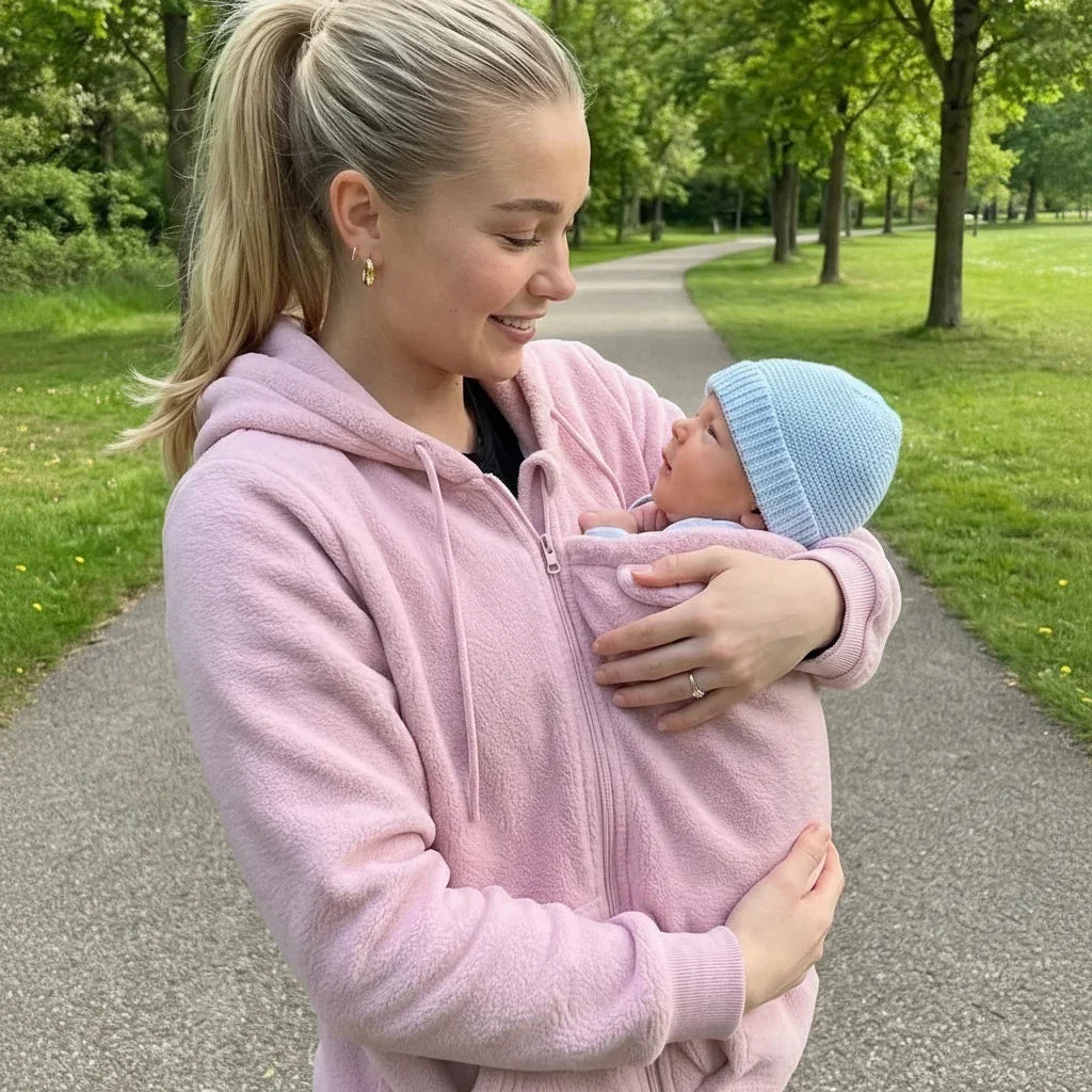 Moeder in roze fleece hoodie kijkt lachend naar haar baby met blauw mutsje, die in het draagpaneel zit tijdens een wandeling in het park. 4