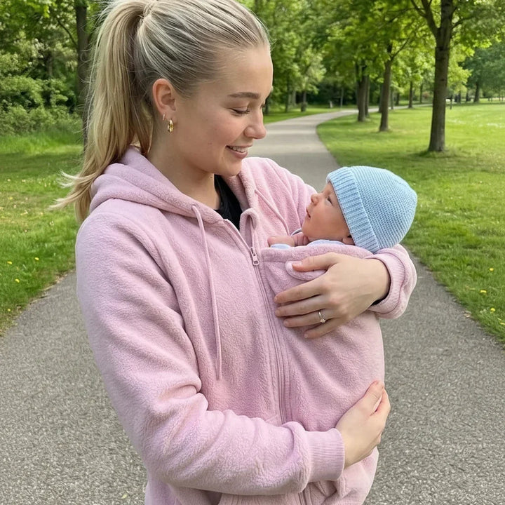 Moeder in roze fleece hoodie kijkt lachend naar haar baby met blauw mutsje, die in het draagpaneel zit tijdens een wandeling in het park. 4