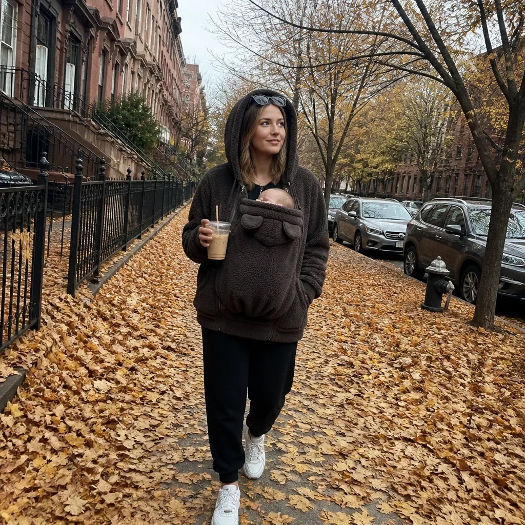 Vrouw in donkerbruine sherpa hoodie loopt over een met herfstbladeren bedekte straat met een baby in het voorpaneel en een ijskoffie in de hand. 5