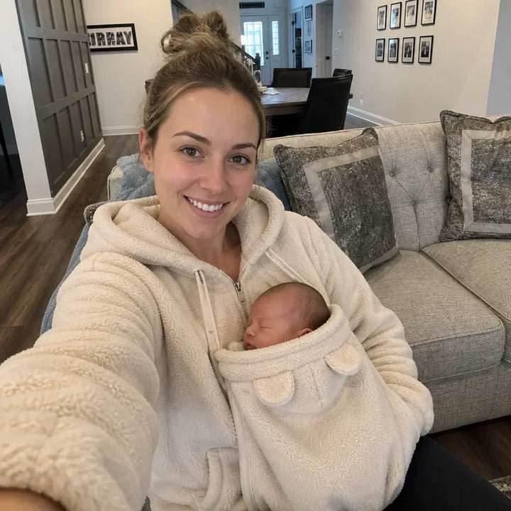 Lachende moeder in crèmekleurige sherpa hoodie maakt een selfie op de bank met een slapende pasgeboren baby in het draagpaneel. 3