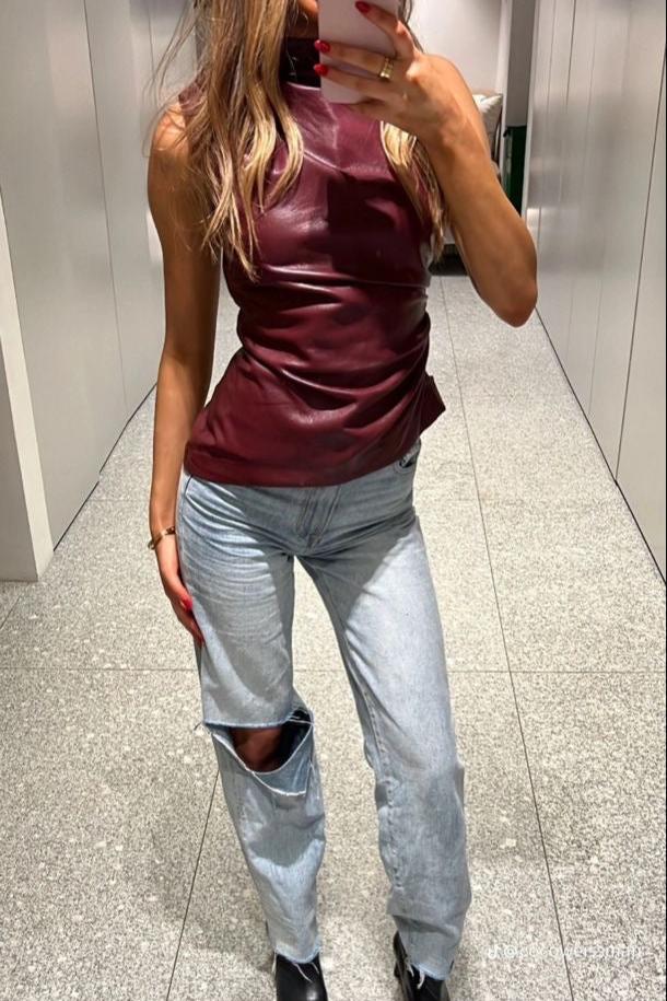 Dames mouwloze leren top met getailleerde pasvorm – Nila