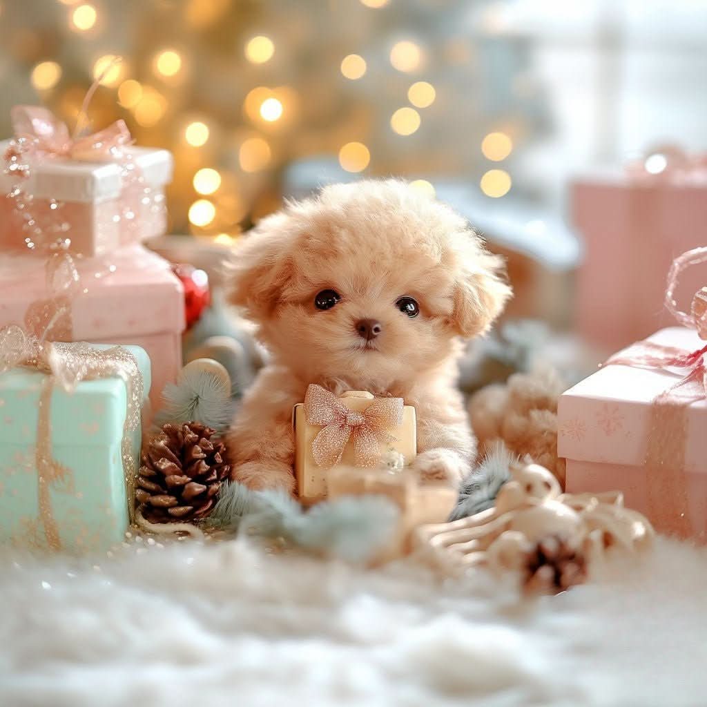Abrikoskleurig pluizig puppy zit tussen kerstcadeaus en een dennenappel, met zachte lichtjes op de achtergrond. 3