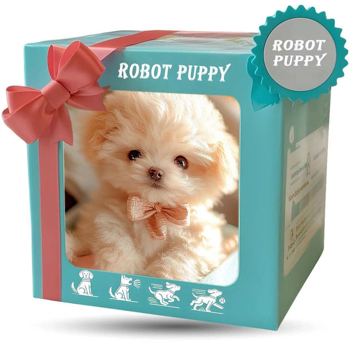 Turquoise cadeaudoos met roze strik en kijkvenster waarin een pluizig crèmekleurig puppy met strikje te zien is. 8