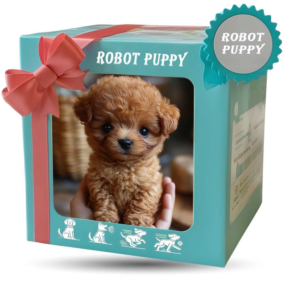 Turquoise cadeaudoos met roze strik en kijkvenster waarin een krullend roodbruin puppy in een hand te zien is. 9