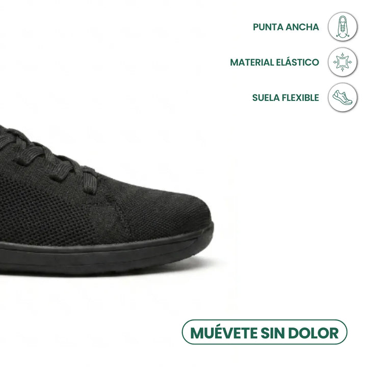 Detail van de brede neus van de zwarte sneaker met pictogrammen voor elastisch materiaal en flexibele zool. 14