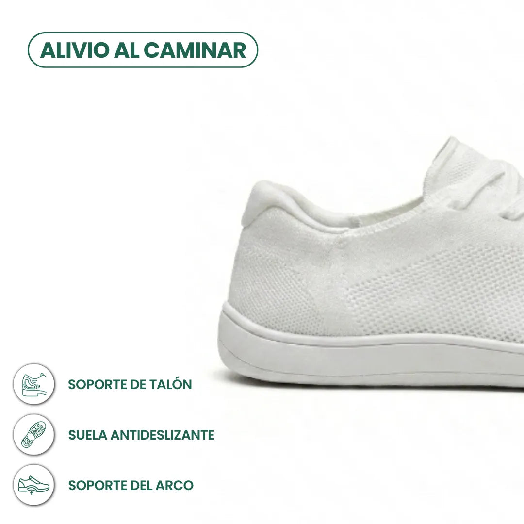 Close-up van de hiel van de witte sneaker met witte zool, met pictogrammen voor hielondersteuning, antislipzool en booggewelfsteun. 40