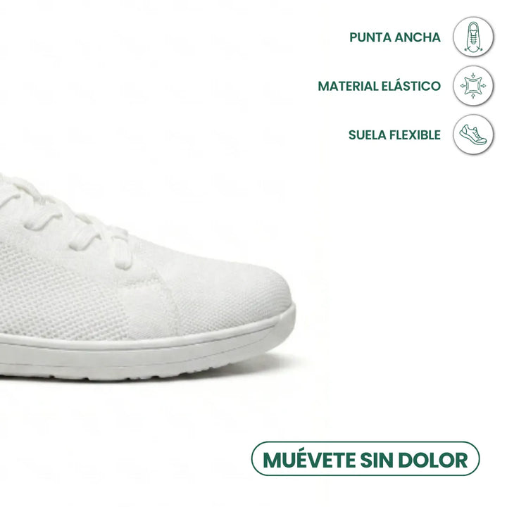 Closeup van de voorkant van een witte gebreide sneaker met brede neus, met pictogrammen die de eigenschappen van de schoen tonen. 41