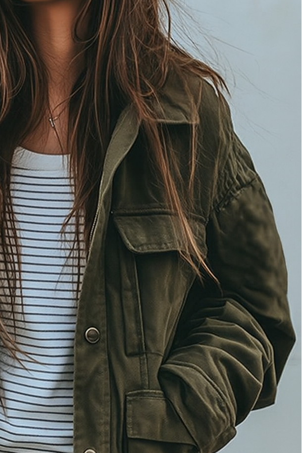 Close-up van de kraag, borstzak met klep en schouderdetail van de groene jack, gedragen door een model met lang haar. 2