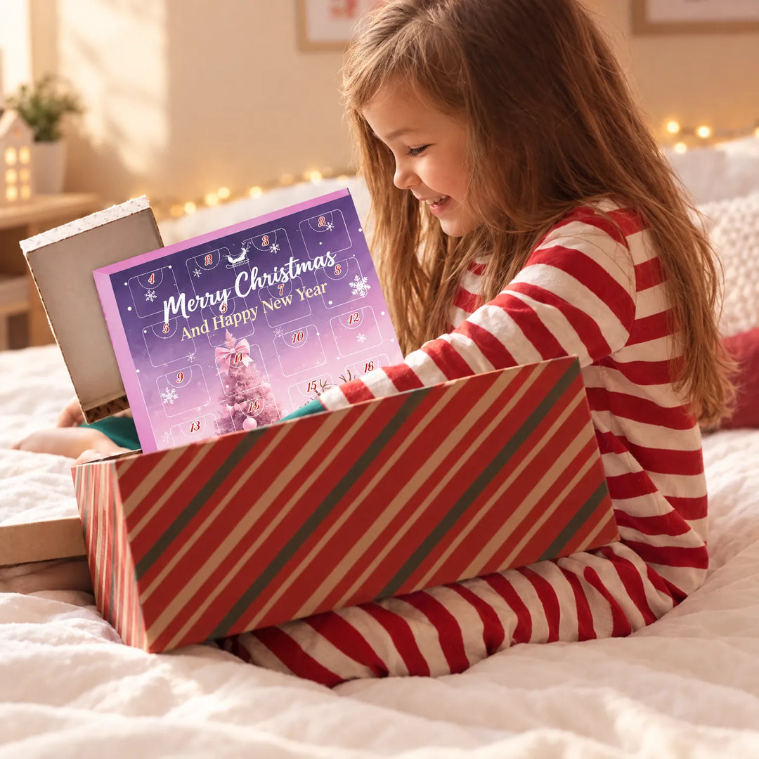 Lachend meisje in gestreepte pyjama zit op bed en pakt een paarse adventskalenderdoos met genummerde vakjes uit een gestreepte geschenkdoos. 3