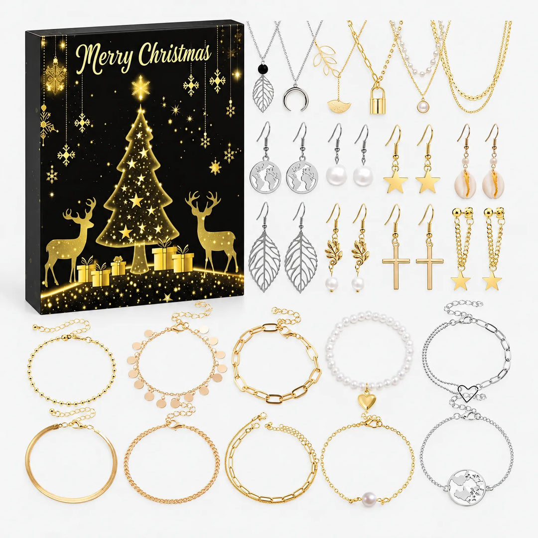 Zwarte adventskalenderdoos met gouden kerstboom en herten, met zilver- en goudkleurige kettingen, bladvormige oorhangers, parel-oorbellen en schakelarmbanden er 5