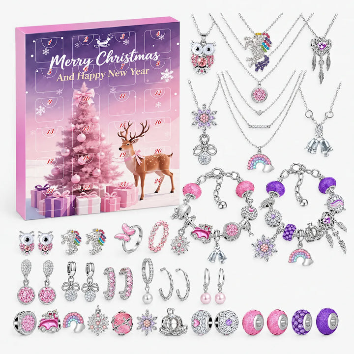 Roze-paarse adventskalenderdoos met kerstboom en hert, met zilverkleurige kettingen, bedelarmbanden, losse kralen, bedels, oorbellen en ringen in roze en paars. 7