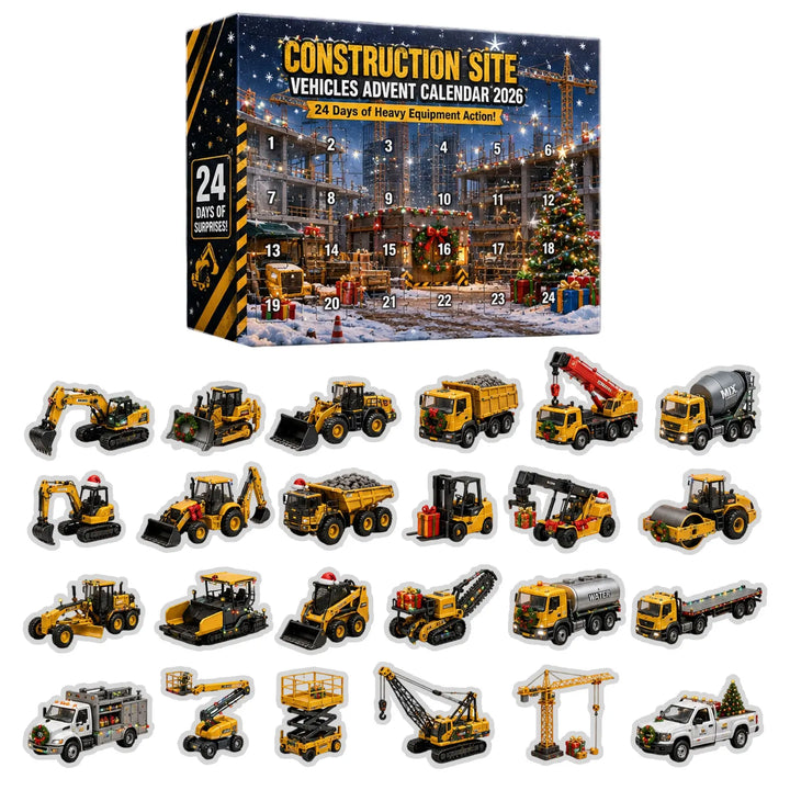 Adventskalender-doos met 24 genummerde vakjes en daaronder alle 24 gele bouwvoertuigjes uitgestald, zoals graafmachines, kranen, vrachtwagens en een heftruck. 2