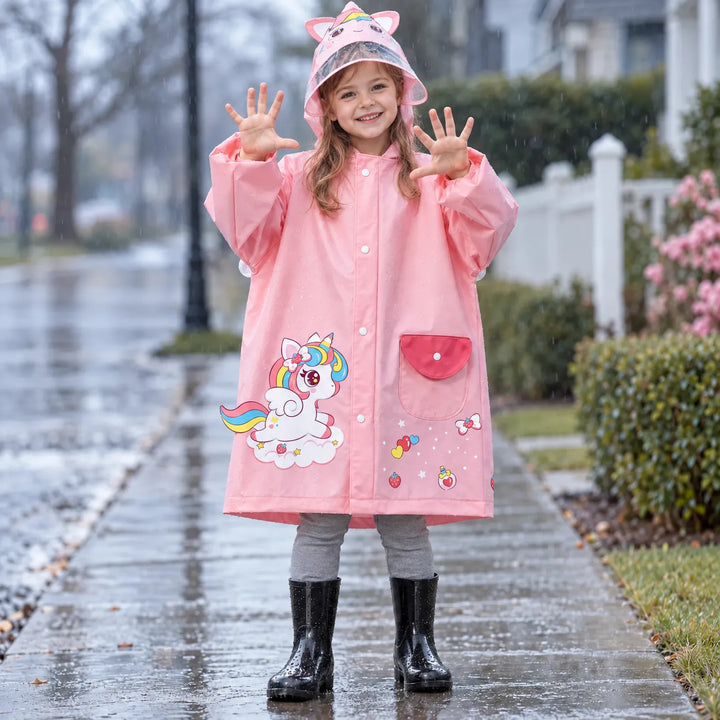Lachend meisje in roze regenjas met eenhoornprint en doorzichtig klepje aan de capuchon, handen omhoog op een natte stoep. 1