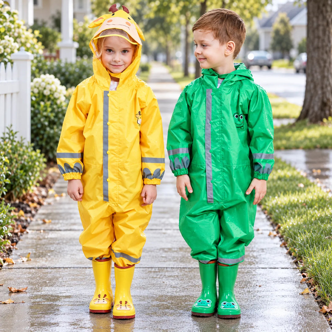 Twee kinderen op een natte stoep: een meisje in geel regenpak met giraffecapuchon en een jongen in groen pak, beiden met bijpassende laarzen. 1