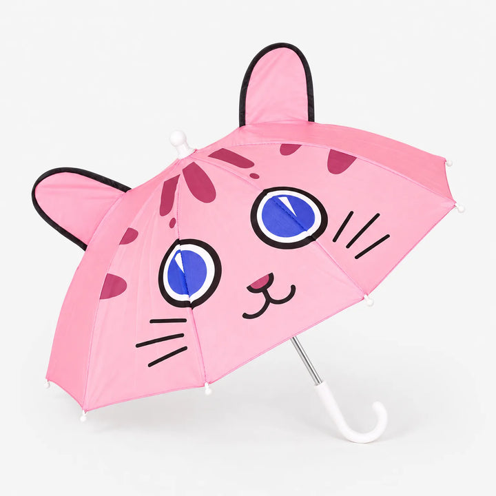 Roze paraplu met kattengezicht, grote blauwe ogen, snorharen en twee zwarte omrande oortjes, tegen een lichte achtergrond. 2