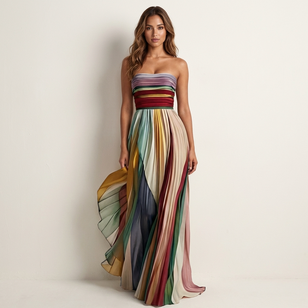 Vrouw draagt de strapless jurk met veelkleurige geplooide rok, rechtop van voren gefotografeerd terwijl de zijkant van de rok wappert. 1
