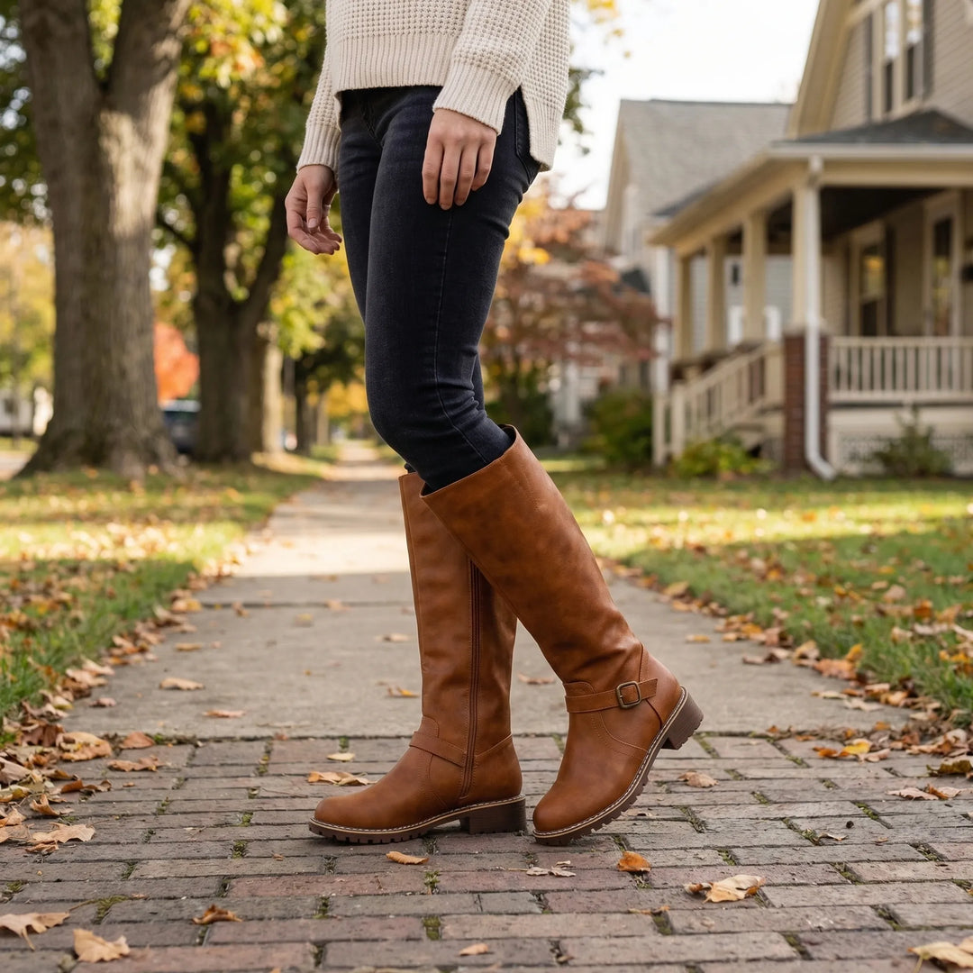 Knee-High Buckle Strap Riding Boot - Sheryl