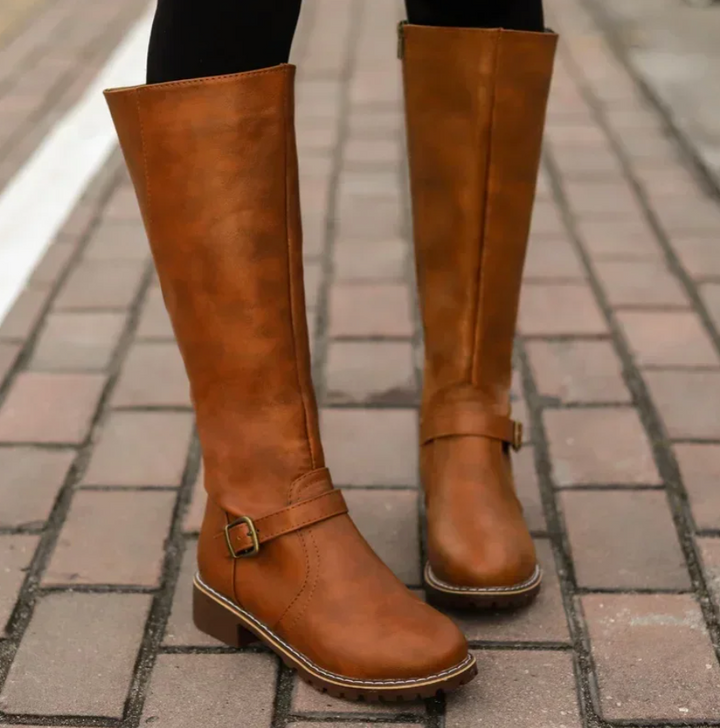 Knee-High Buckle Strap Riding Boot - Sheryl