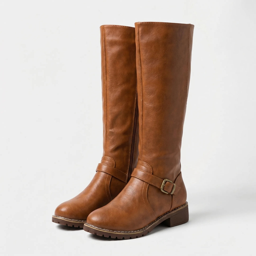 Knee-High Buckle Strap Riding Boot - Sheryl
