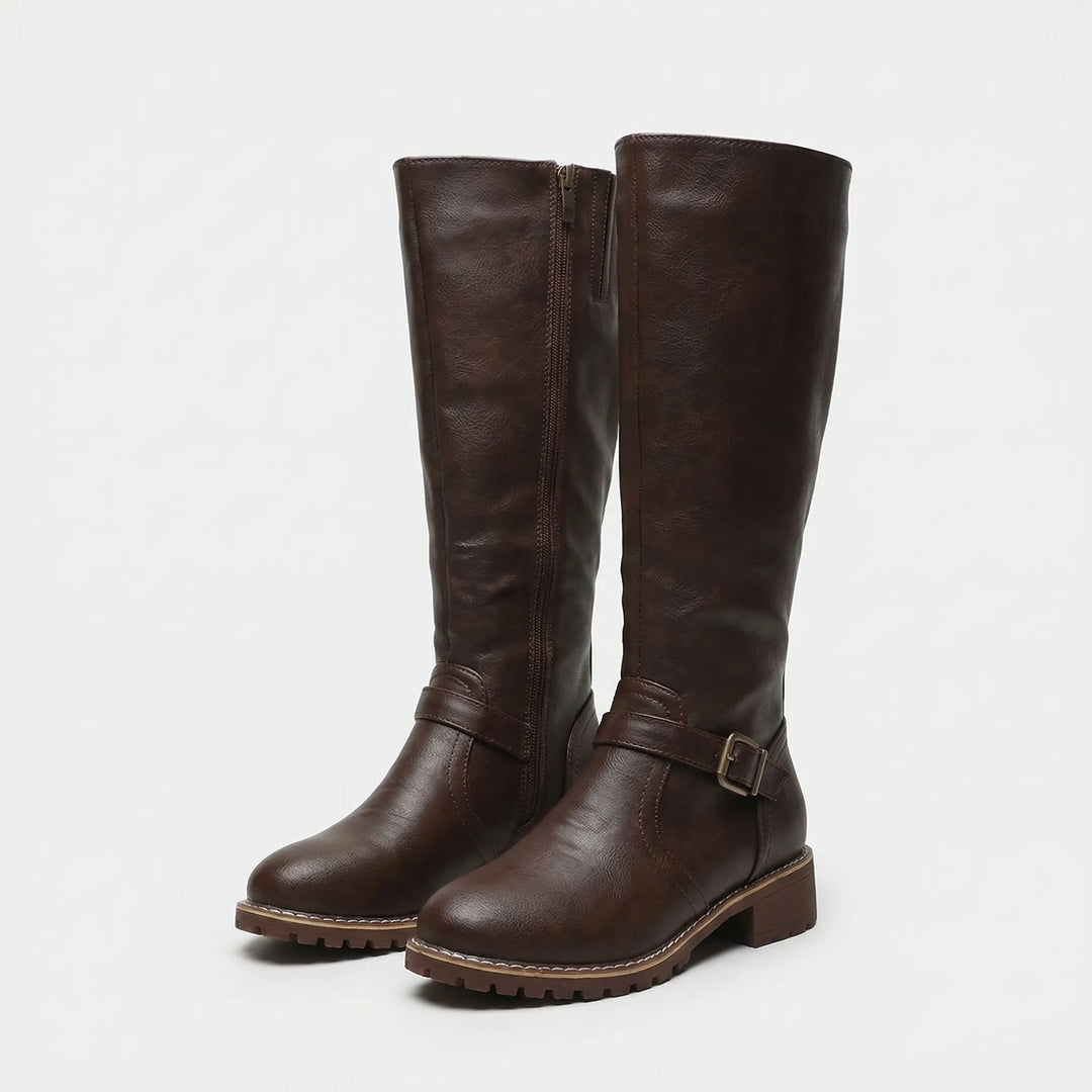 Knee-High Buckle Strap Riding Boot - Sheryl