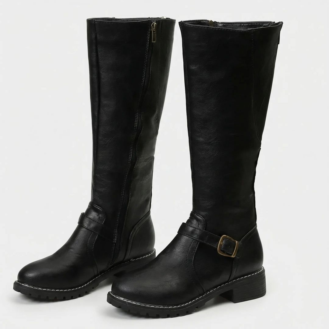 Knee-High Buckle Strap Riding Boot - Sheryl